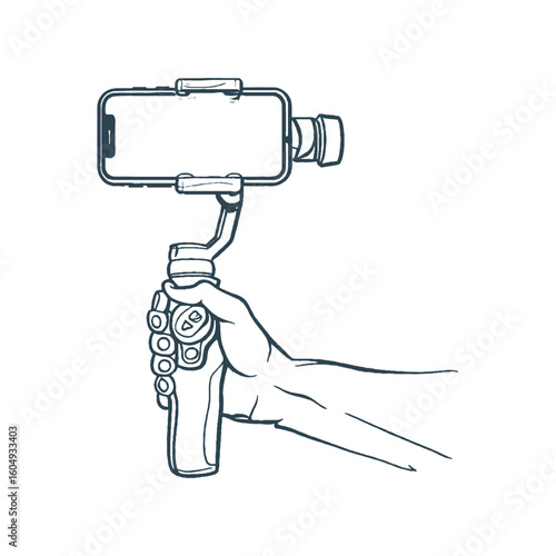 Hand-drawn Illustration of a Hand holding a smartphone gimbal stabilizer for video recording