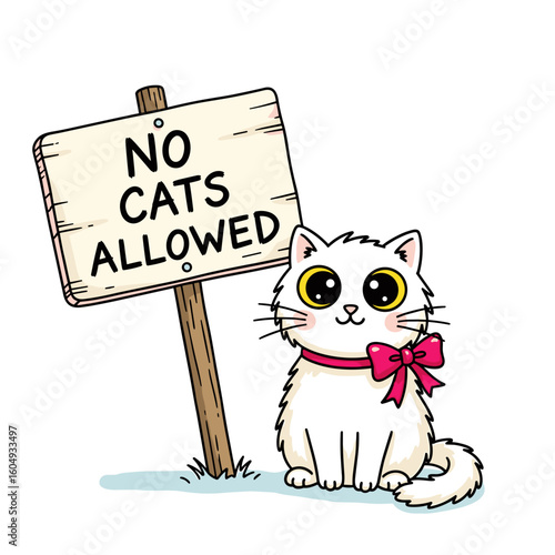 Cartoon cat with funny no cats allowed sign in cheerful style. Playful white cat wearing pink bow sits beside sign prohibiting cats.