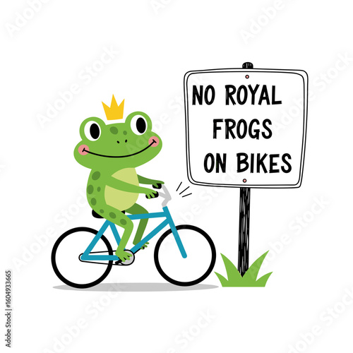 Funny prohibition sign featuring cartoon frog riding bicycle, proclaiming no royal frogs on bikes. The whimsical scene showcases a cheerful frog with a crown, No bicycles on grass sign