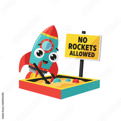 Whimsical prohibition sign showing cute rocket in sandbox with sign stating no rockets allowed. Playful scene captures imaginative play with colorful sand, smiling character, and clear rules.