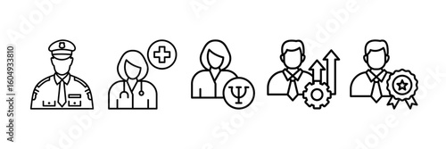 Mature Professional Icon Set, Containing design Security Guard, Doctor, Psychologist, Professional Development, Professional Success