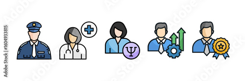 Mature Professional Icon Set, Containing design Security Guard, Doctor, Psychologist, Professional Development, Professional Success