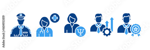 Mature Professional Icon Set, Containing design Security Guard, Doctor, Psychologist, Professional Development, Professional Success