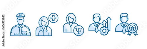 Mature Professional Icon Set, Containing design Security Guard, Doctor, Psychologist, Professional Development, Professional Success