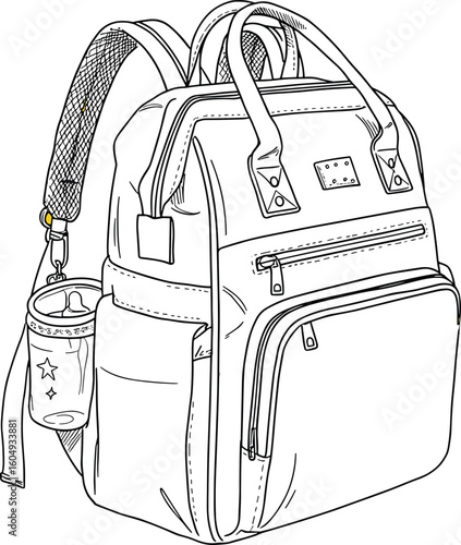 Backpack design with multiple compartments and bottle holder, detailed CAD drawing, stylish travel bag flat technical vector illustration