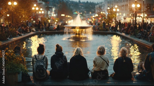 Crowded city park at night with people sitting by a fountain