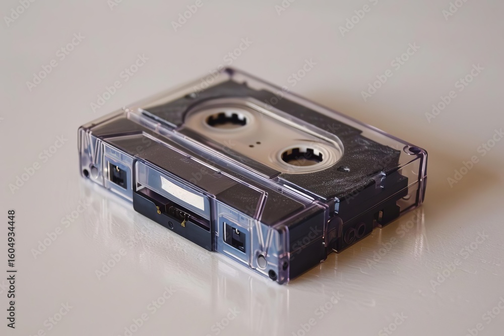 Fototapeta premium A clear audio cassette tape rests on a reflective surface. The tape's dark magnetic ribbon is visible through the clear casing.