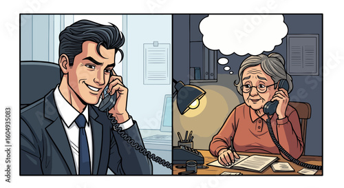 Illustration showing phone scam with an older woman and a man in suit. Phone scam leads to manipulation and financial exploitation, with a con artist preying on vulnerability.