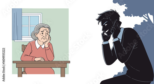 Phone scam victim looking sad as fraudster speaks on telephone with an evil grin. Phone scam scenario shows elderly person being targeted by crime, highlighting deception and vulnerability.