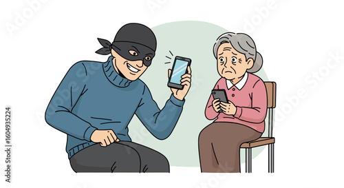 Elderly scam portrayed with thief stealing smartphone from senior, using smartphone fraud to take advantage. Depicts digital theft targeting vulnerable populations,