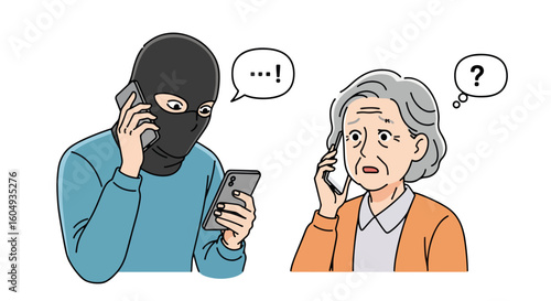 Phone scam unfolding, showing a masked man on cellphone and worried senior woman on phone. Phone scam involves criminal tricking elderly victim with fraudulent scheme. Warn about phone scam,