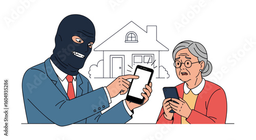 Internet scam with senior citizen being targeted by criminal using smartphone. Internet scam involves fraudster deceiving elderly woman using her phone to steal funds, assets and identity.