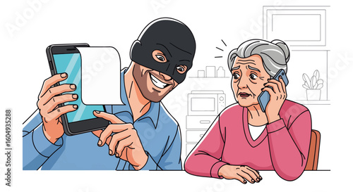 Phone scam unfolds as masked thief shows blank screen to elderly woman during phone call. Phone scam involves deception and manipulation as criminal exploits trust.