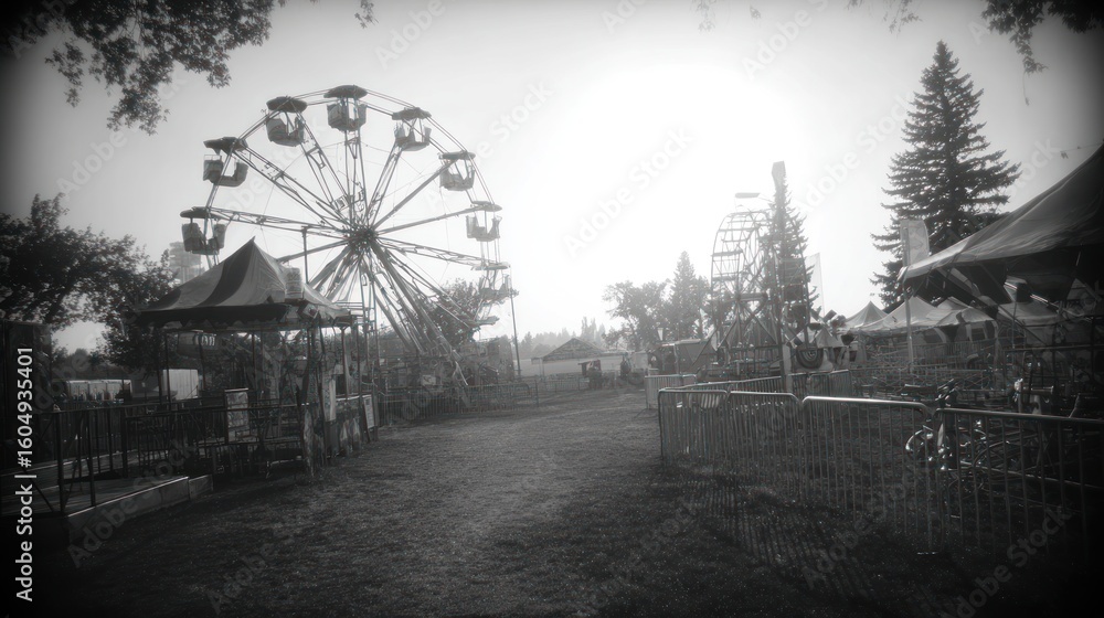 Fototapeta premium Black and white photo of a deserted fairground