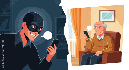 Online scams, a hooded figure smirking at smartphone screen alongside an elderly man looking bewildered, represent digital exploitation of seniors.