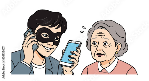Telephone scam involving an elderly woman and a fraudulent call, with thief on smartphone. Phone scam is dangerous and unscrupulous, showing vulnerability.