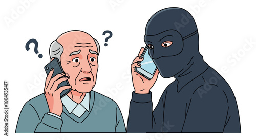 Elderly man falls victim to phone scam, questioning validity, worried and anxious expression. Phone scam leads to identity theft by malicious hacker. Raising awareness on phone scam,