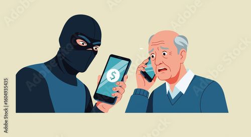 Online scam with an elderly man being duped by masked criminal via phone call. Concept of online scam, with thief stealing money from vulnerable senior during a fraudulent phone call.
