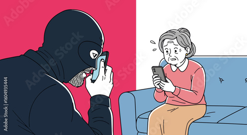 Phone scam targeting vulnerable senior, masked criminal pressures elderly woman in digital fraud, she is pressured. Phone scam highlights elder abuse and online fraud,