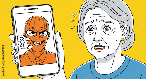 Upset senior woman looking at scam call on smartphone showing deceitful person, with a scam call appearing on her mobile device, victimized by fraud. Scam call represents danger,