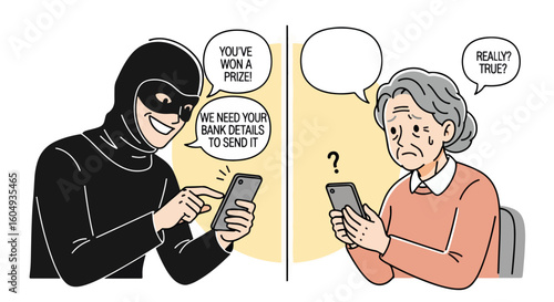 Cartoon depicts scam with hooded figure texting on phone, alongside worried senior woman also holding mobile device, illustrating potential fraud.