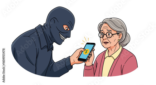 Fraud concept featuring senior woman being targeted by masked fraudster with smartphone. Modern fraud involving internet scam, with thief showing fake banking app to fool senior citizen.