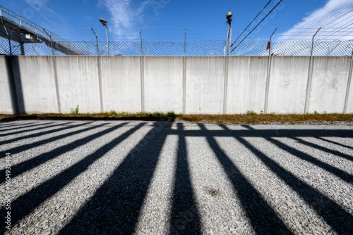 Wallpaper Mural Shadow patterns on gravel under clear sky near concrete fence and security cameras Torontodigital.ca