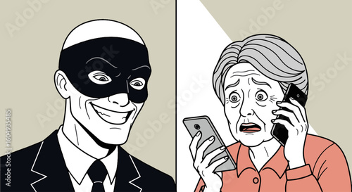 Illustration of fraud with a scammer tricking an elderly woman over the phone. Fraud involves a con artist preying on a senior citizen's vulnerability, making phone call in attempt to trick them.