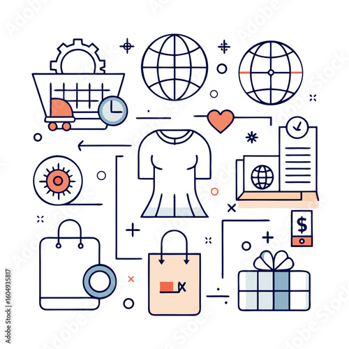 Online shopping and e commerce concept with various icons representing global commerce and retail transactions