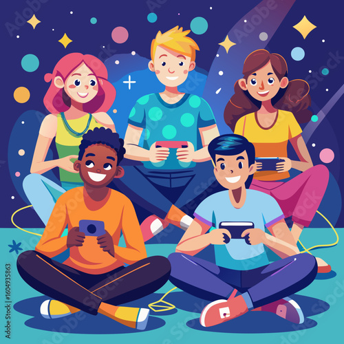 Diverse group of friends enjoying video games together on a starry night