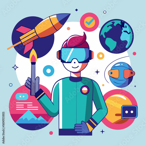 Futuristic explorer with virtual reality headset holding a torch and surrounded by space exploration and technology icons