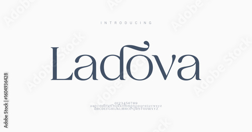 Ladova Elegant font logo letters alphabet. Typography abstract sans serif technology, electronic, movie, future, creative brand logos fonts. vector illustration