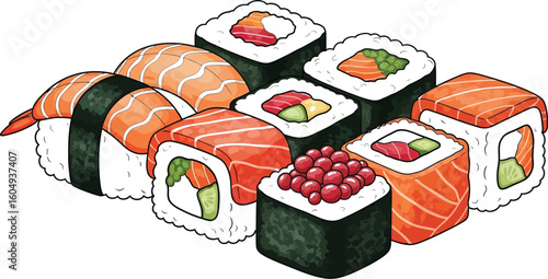Vector art of an assortment of colorful and delicious sushi rolls isolated on white background