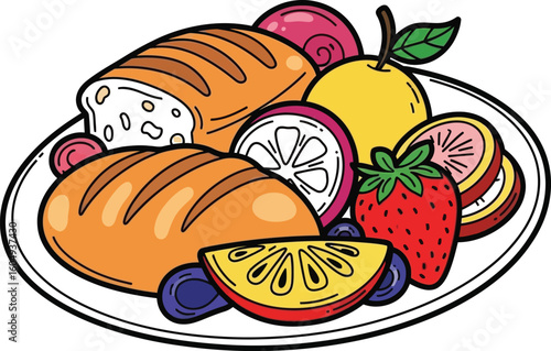 Vector art of a plate of fresh bread and colorful fruit isolated on white background