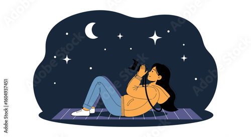 Capturing Celestial Wonders Girl Taking Pictures Under Moonlight And Stars