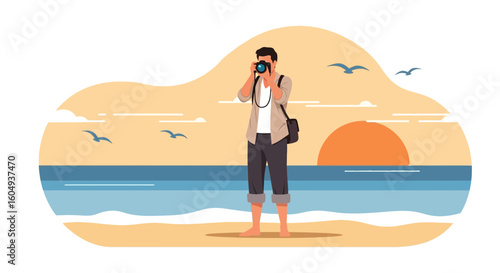 Capturing Coastal Charm Photographer Enjoying Sunset On Tropical Beach