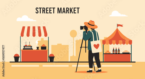 Capturing City Scenes A Photographer At An Outdoor Market Illustration