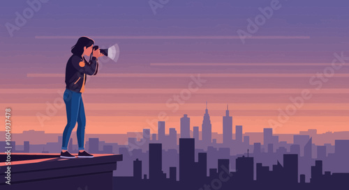 Capturing Cityscapes A Photographer's Silhouette Against The Twilight Horizon