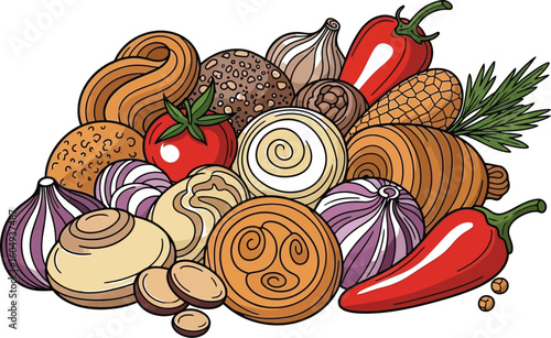 Vector art of a colorful assortment of fresh vegetables isolated on white background