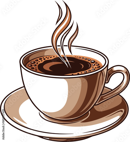 Vector art of a steaming cup of coffee on a saucer, isolated on white background