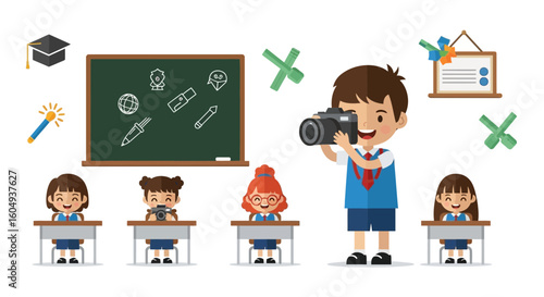 Capturing Moments In School Cartoon Vector Illustration Featuring Student Activities
