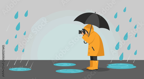 Capturing Moments Person In Rain With Umbrella And Camera