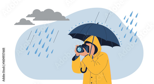 Capturing Moments Under the Rain Photographer Seeking Perfect Shot in Bad Weather