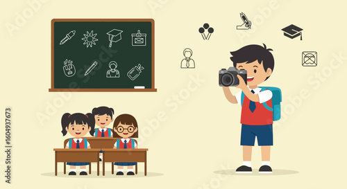 Capturing Moments Students Educational Cartoon Illustration Photography In Classroom