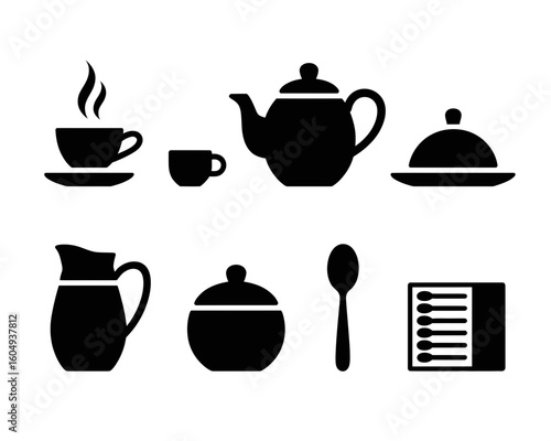 Collection of kitchenware and dining icons in silhouette isolated on white background
