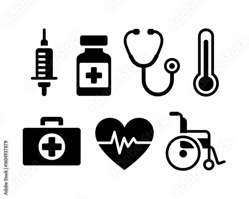 Collection of medical healthcare icons including syringe stethoscope heart and wheelchair silhouette isolated on white background