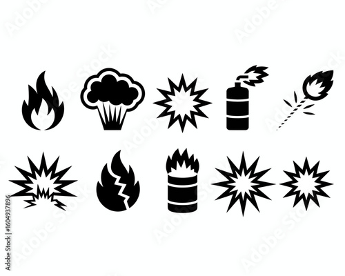 Collection of black silhouette icons including fire broccoli explosion and flame barrel isolated on white background silhouette