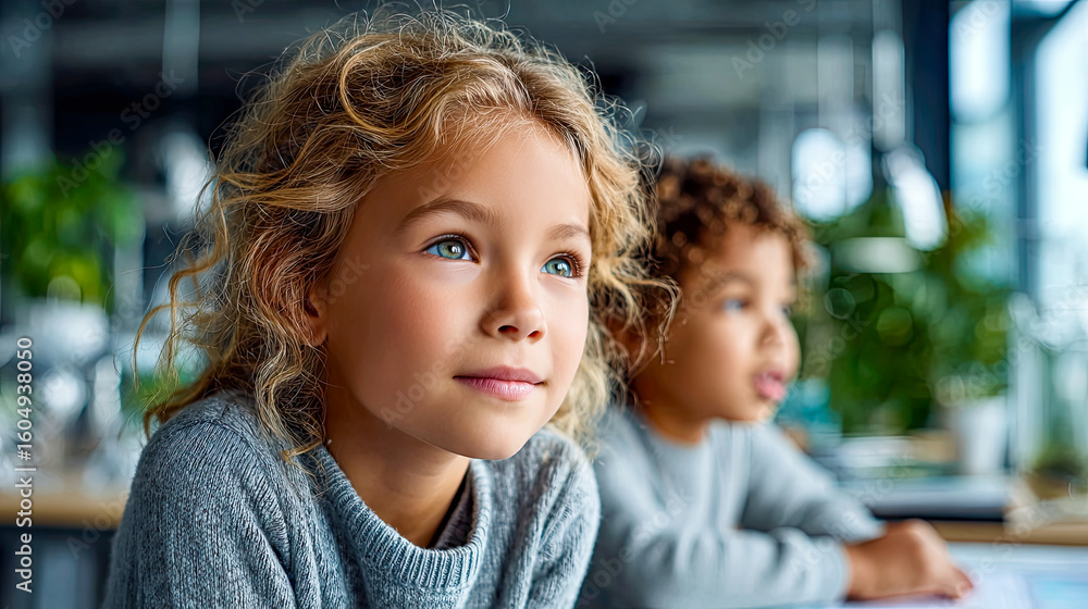Fototapeta premium Future Kids – Kinder im Zentrum einer Zukunftsschule mit interaktivem Lernen, digitalen Interfaces und menschlicher Nähe. Bildung neu gedacht mit Technologie, Wärme und visionärer Architektur.