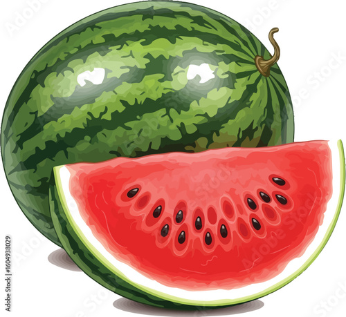 Vector art of a vibrant illustration of a whole watermelon and a juicy slice, isolated on white background, perfect for summerthemed designs and healthy eating promotions