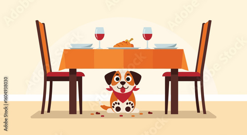 Cartoon Dog Hiding Under Dining Table Hoping To Snatch Dropped Food Scraps
